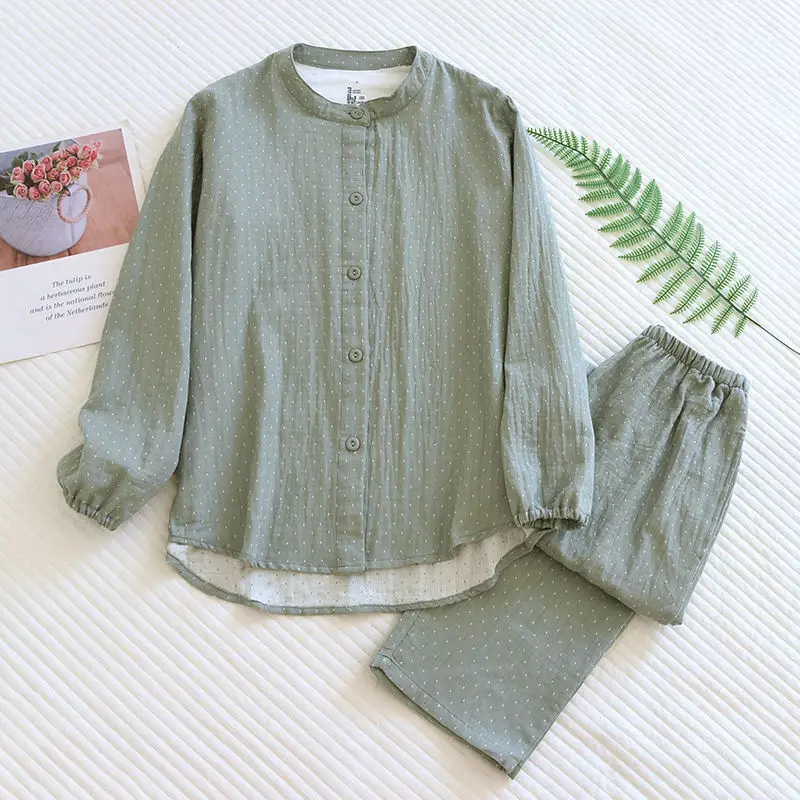 Yarn-dyed Cotton Yarn Cotton Pajamas Long Sleeve Spring and Autumn Sweet Thin Online Celebrity Gauze Two Sets of Home Clothes