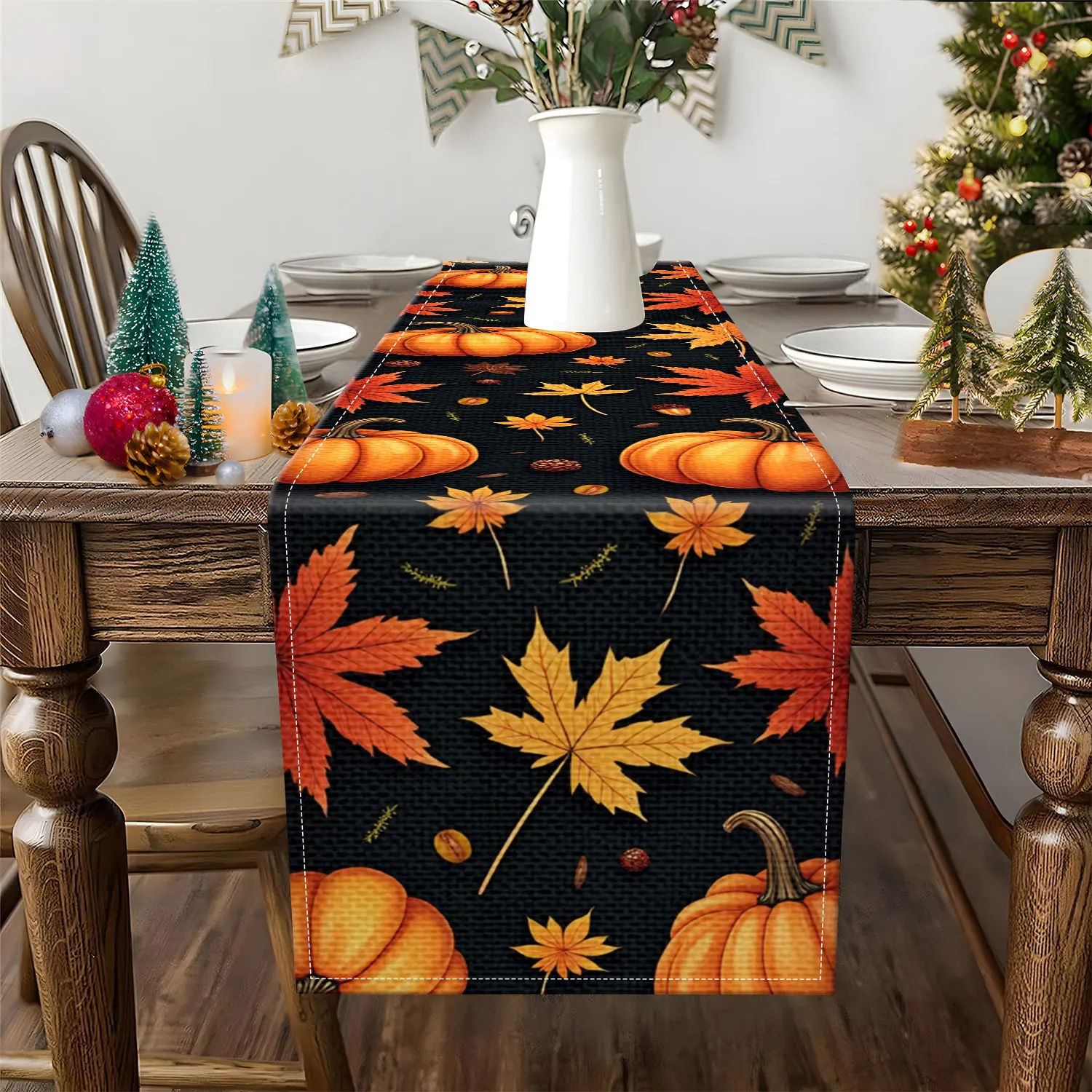 قطعة واحدة من مفرش طاولة بطابع الخريف مزين بأوراق الخريف والجلوط، مناسبة لزينة الخريف وعيد الشكر #2