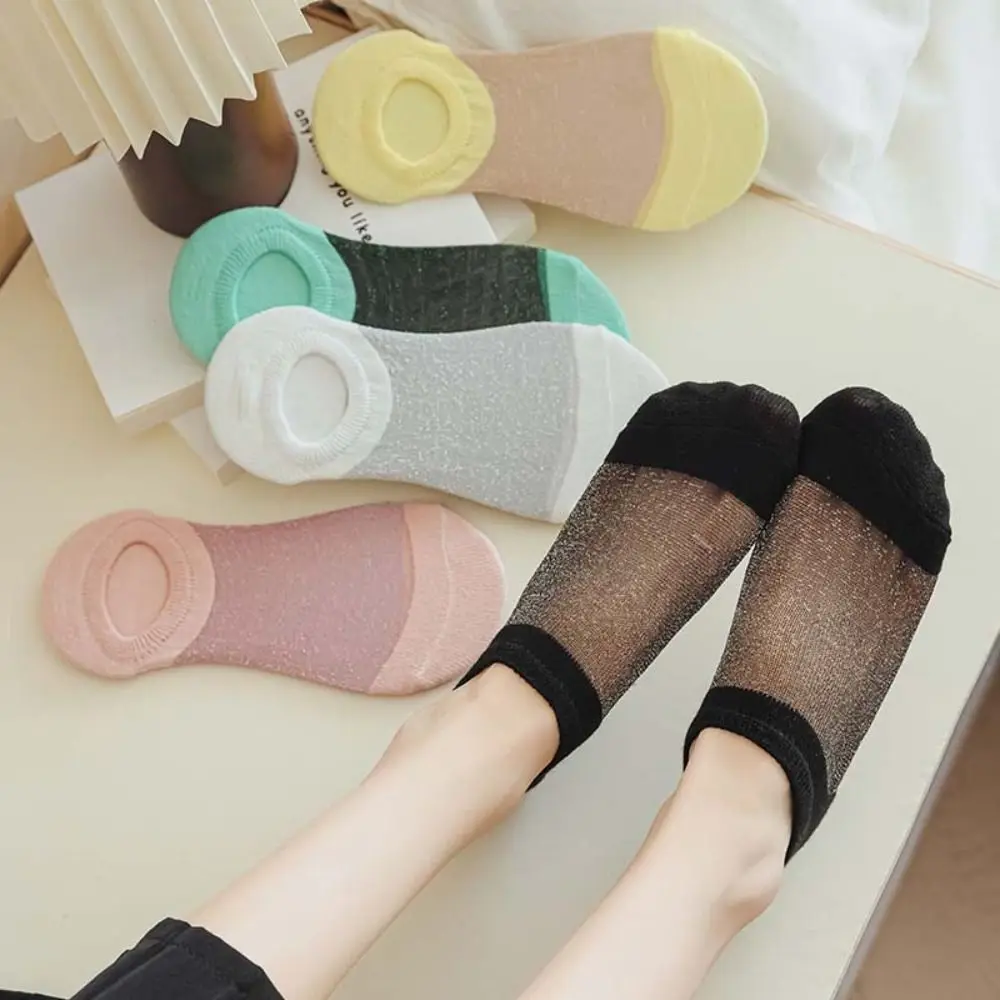 

5Pairs Invisible Ice Silk Boat Socks Non-Slip Thin Summer Ankle Socks Breathable Transparent Women Short Tube Sock Girl