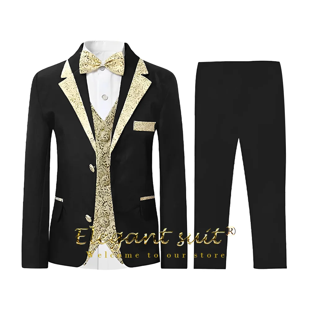 

Men's gold floral notch lapel suit jacket vest trousers set 3 pieces, custom wedding dinner cocktail formal wear