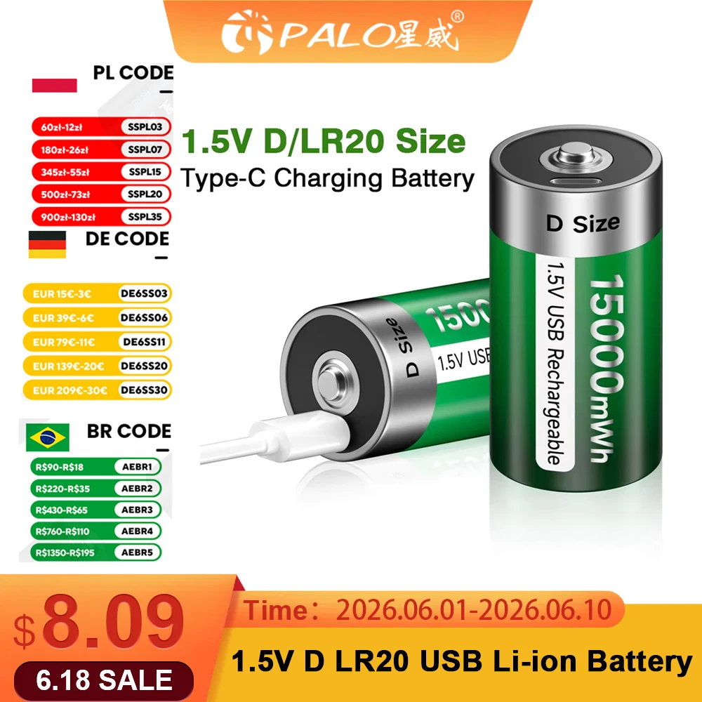 PALO Batería Recargable 100% Original de 1.5V Tamaño D, Carga USB Tipo-C, Baterías de Iones de Litio D R20 LR20 para Calentador y Estufa de Gas