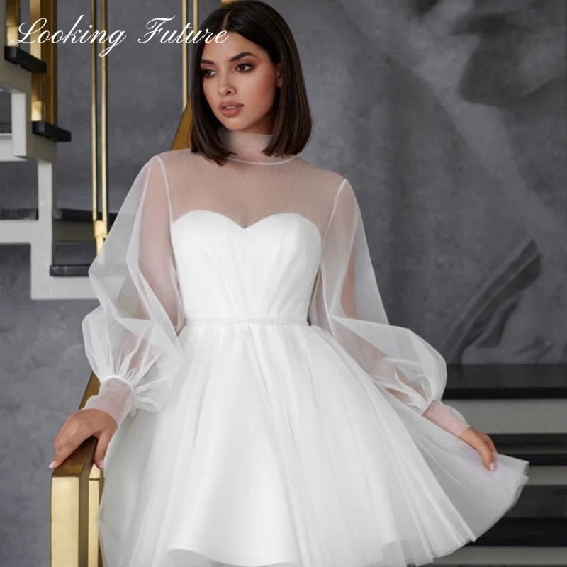 Vestidos de novia cortos blancos para mujer, de línea A vestido de novia, manga larga abullonada, ilusión, cuello alto, vestido de novia dulce, 2024