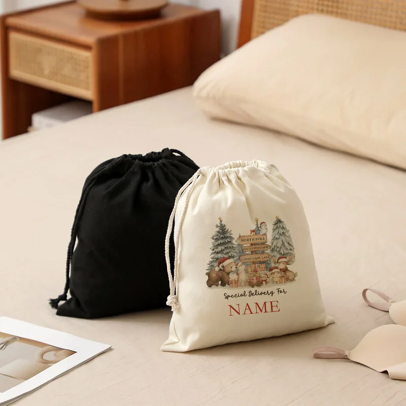 Borsa con coulisse beige natalizia con orso personalizzato, regalo di Natale, elegante, alla moda, di fascia alta e di alta qualità per la madre e la sorella