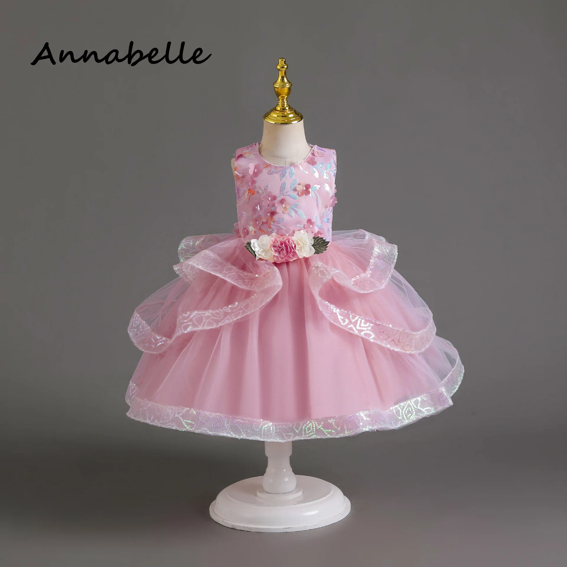 Annabelle Flower Baby Girl Bow Dress, Vestido de festa de casamento infantil, Vestidos de princesa de aniversário infantil