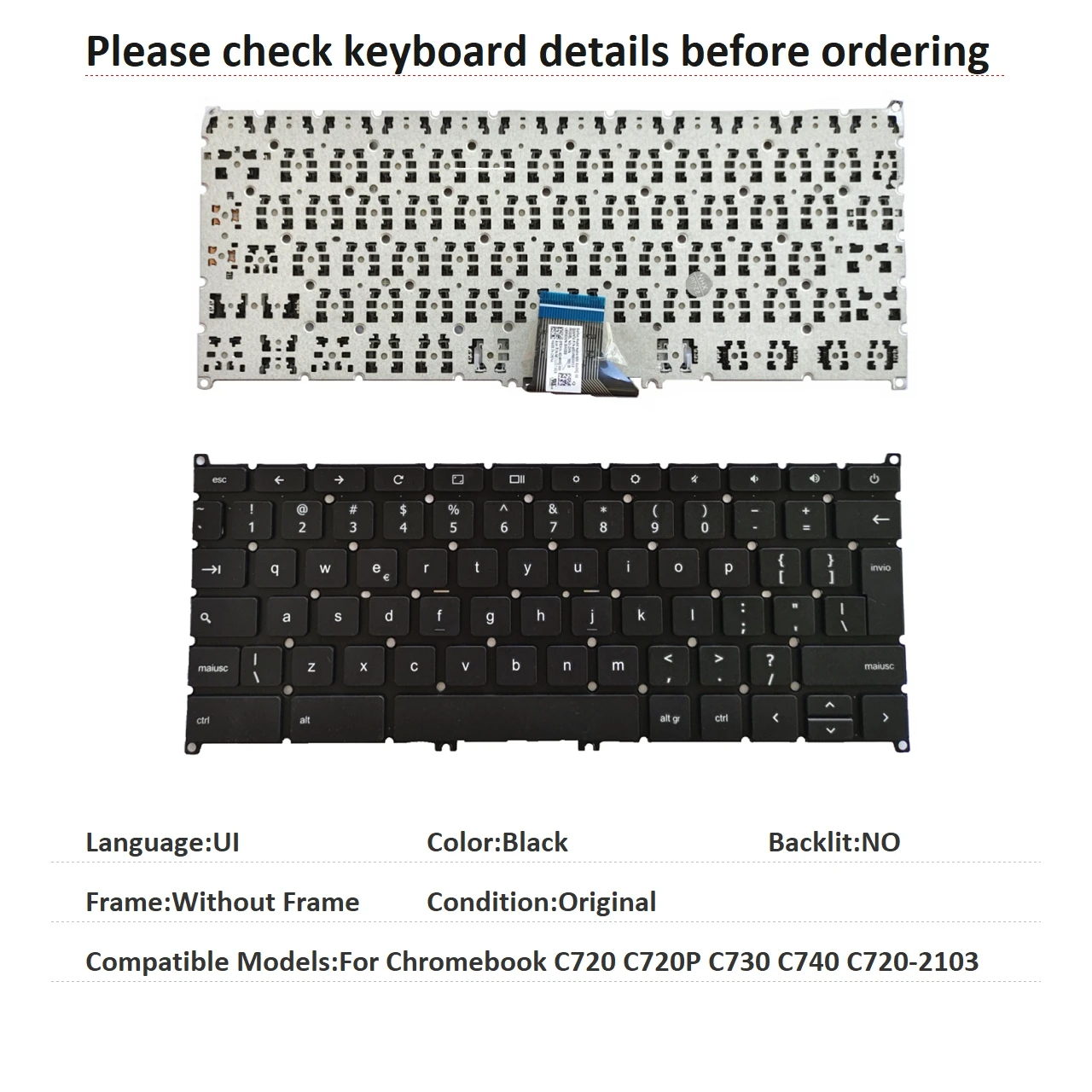New UI Language  Chromebook Keyboard For Acer Chromebook C720 C720P C730 C740 C720-2103 Notebook PC Replacement Keyboard