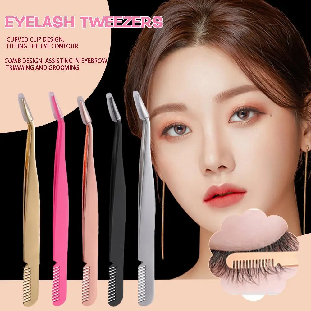 1PCS Eyelash Comb Tweezers Stainless Steel Anti-Static Non-Magnetic Professional Pincet Lashes Extension Tweezers Makeup Tools