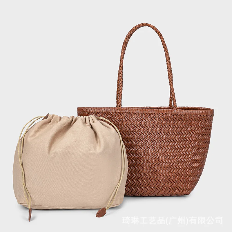 

Cowhide French hand-woven tote bag 2025 new niche design vintage vacation beach bag fashionable ladies hand-woven bag
