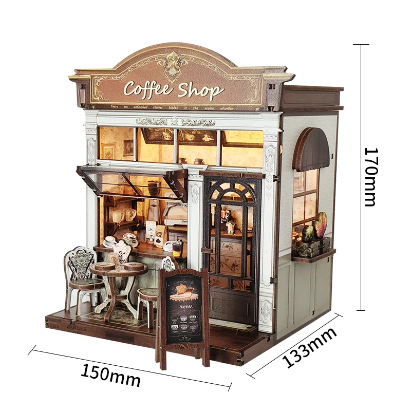 DIY Coffee Shop Puppenhäuser Holz Miniatur Modellbausatz Handarbeit 3D Puzzle mit Möbeln für Freunde Geburtstagsgeschenke