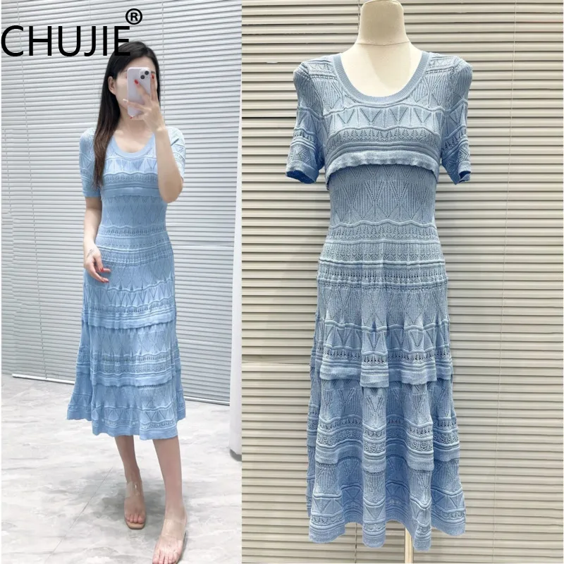 مجموعة فساتين CHUJIE 2025 الصيفية المحبوكة - فستان جاكار دانتيل بقصة ضيقة برقبة دائرية + زلة، فسكوزي مطاطي + مزيج نايلون #1