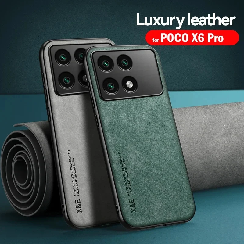 Case For Poco X6 Pro Leather Magnetic PU Car Holder Coque For Poco X6 Pro Cover Silicone Bumper Shockproof Protection Shell
