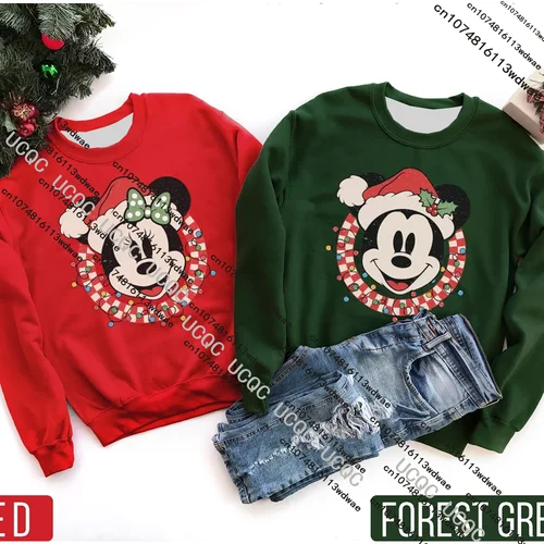 Nueva sudadera navideña de Mickey Minnie Santa pareja de Disney con capucha para mujer, jersey de cuello redondo que se mantiene caliente, regalo de Navidad familiar de Disney
