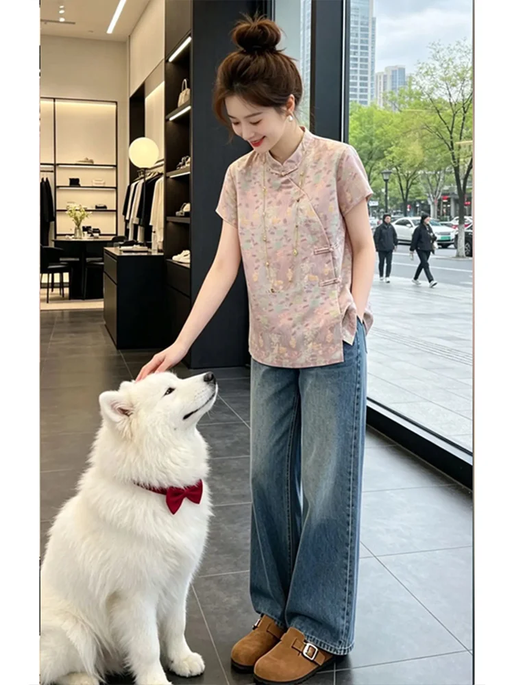 

Retro Floral Print Shirt Women's Stand Collar Asymmetrical Buttoning Gentle Style Versatile Casual Summer Top