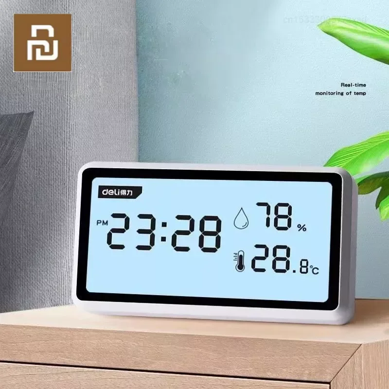 Youpin Deli-termômetro Eletrônico Higrômetro Estação Meteorológica Alta Precisão com Função de Relógio de Mesa Mini Ferramenta Lcd