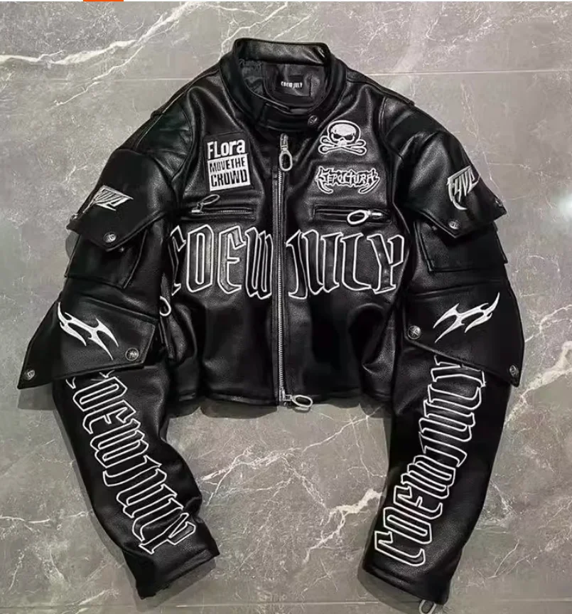 Spring and Autumn American Cool Trend Letter Embroidered Skull Motorcycle PU Leather Jacket