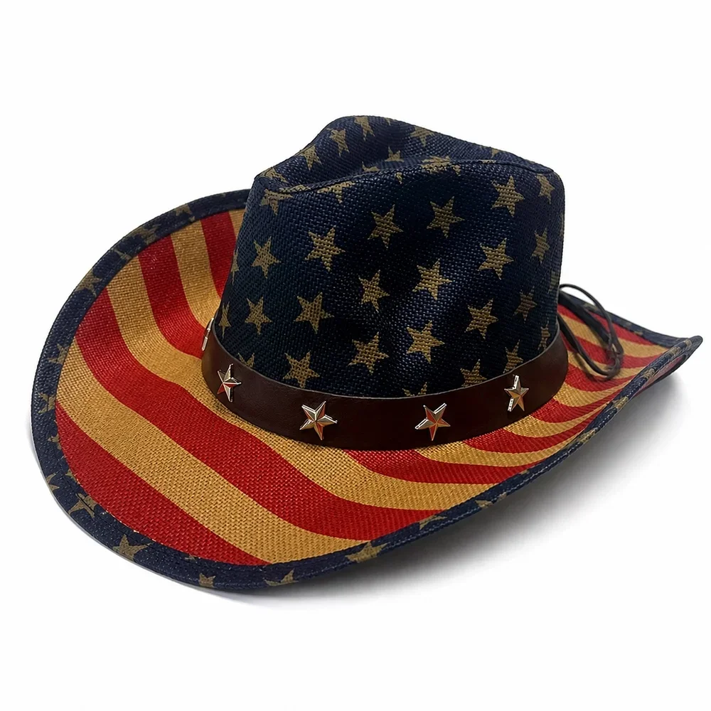 American Flag Western Straw Cowboy Hat, Blue Star Crown and Red Stripe Wide Brim, Brown Star Band, One Size, Outdoor Costume