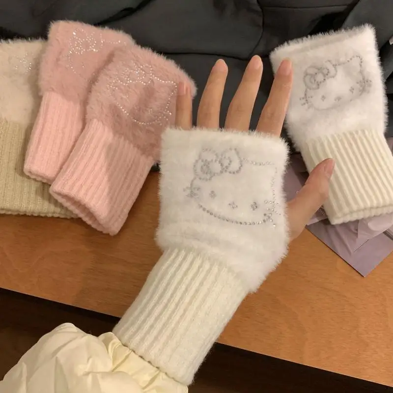 Cute Sanrio Hello Kitty Half Finger Gloves Women Fashion Winter Warm Soft Knitting Gloves Casual Cartoon Fingerless Mitten Gifts