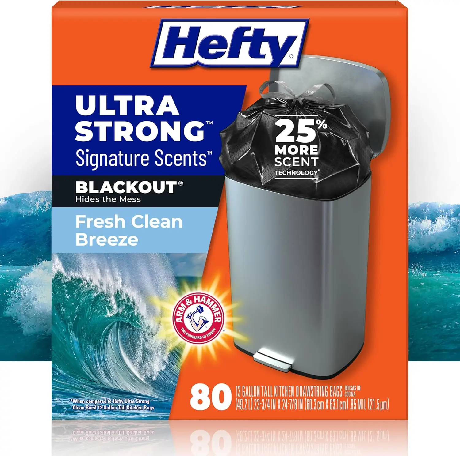 

13 Gallon Tall Kitchen Trash Bags, Fresh Clean Breeze Scent, 25% More Scent Technology, Blackout, 80 Count