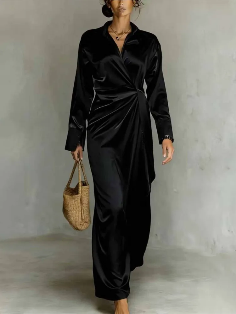 เดรสผ้าซาตินแขนยาวสไตล์ใหม่สำหรับฤดูใบไม้ผลิและฤดูใบไม้ร่วง  แฟชั่นชุดเดรสผู้หญิงทรงเอวจีบระบายแบบไม่สมมาตร  ชุดเดรสทำงานผู้หญิงสุดหรู  ปี 2026
