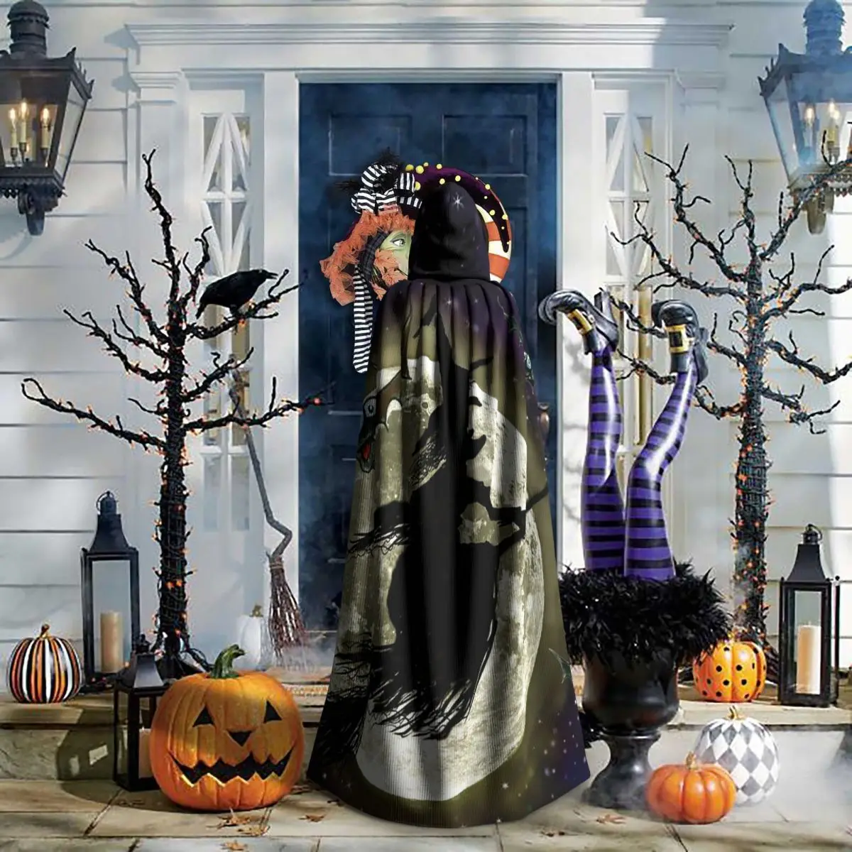 هالوين الساحرة طويلة مقنعين عباءة الساحرة القرون الوسطى زي تأثيري كيب هالوين معطف الكبار للجنسين