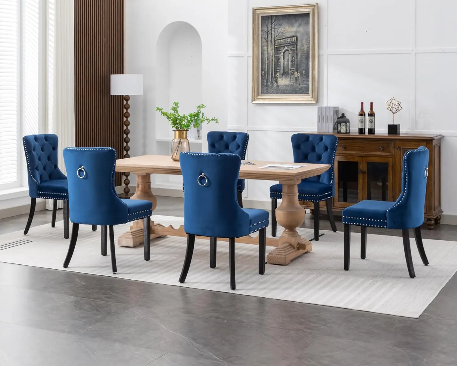 Blue，Velvet Dining Chairs Set of 6, Upholstered High-end Tufted Dining Room Chair with Nailhead Back Ring Pull Trim Solid Wood L