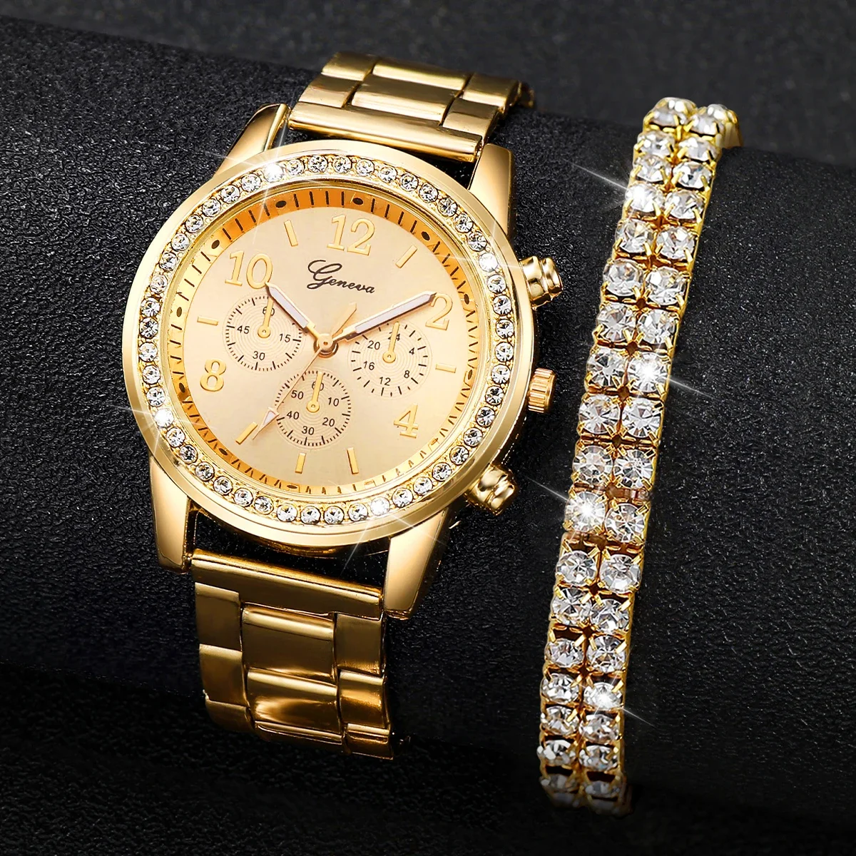 Relógios de pulso de quartzo com strass para mulheres,pulseira de aço dourado,pulseira de diamante sem caixa, fashion, 2PCs