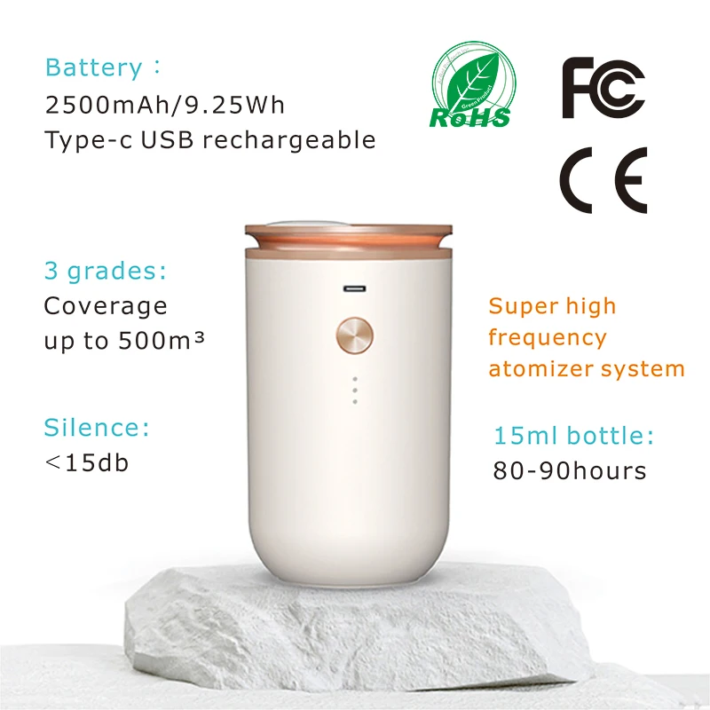 Wireless White Noiseless Sleep Aroma Diffuser 2500mAh Nebulizer Built-In Battery Air Humidifier Power Source Electric Waterless