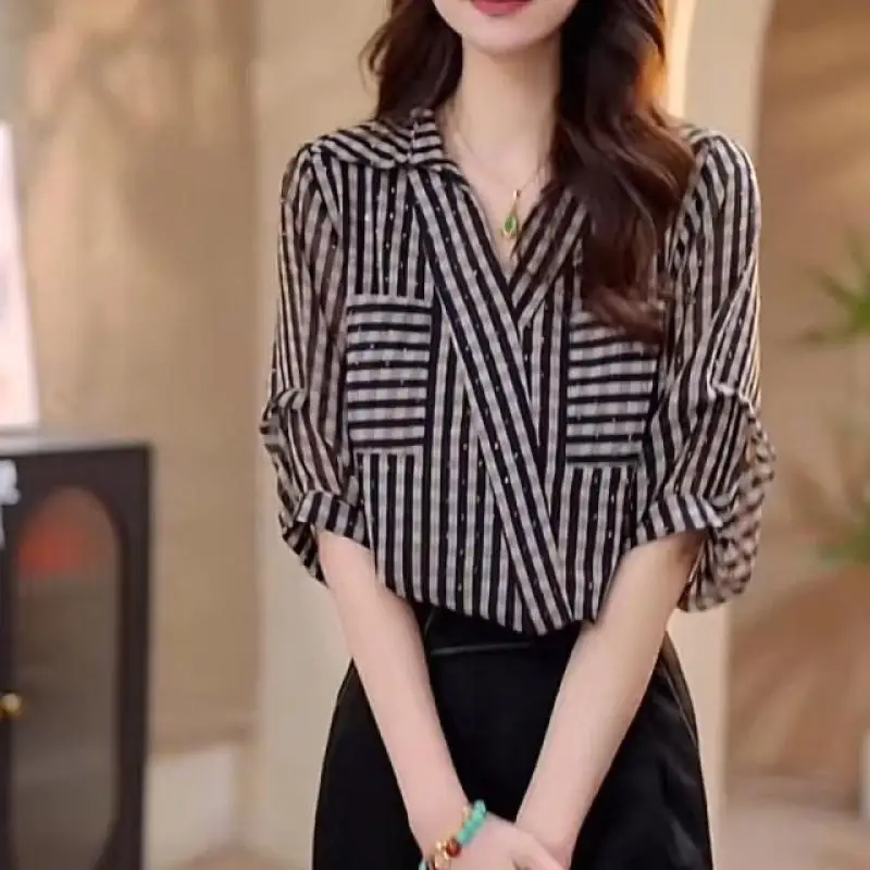 

Summer Woman Clothes Striped Short Sleeve Shirt Loose Casual Elegant Fashion European Style Chiffon Thin Tops