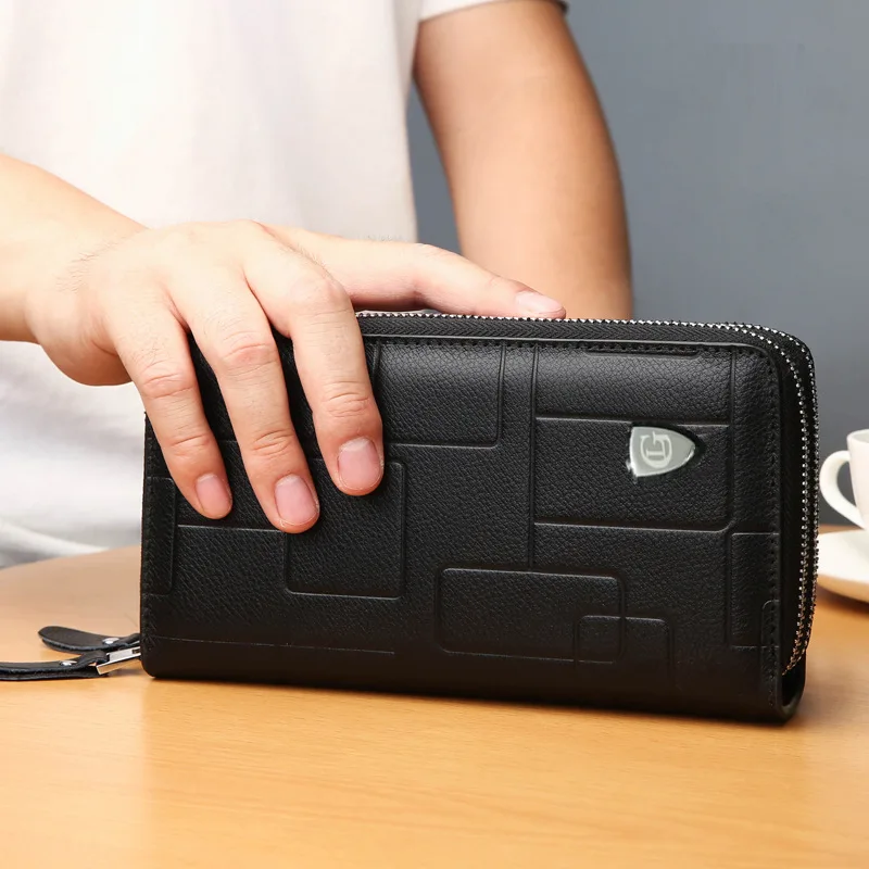 

Мужской кожаный кошелек с двойной молнией и верхним слоем, многофункциональный ручной кошелек большой емкости для хранения мобильного телефона