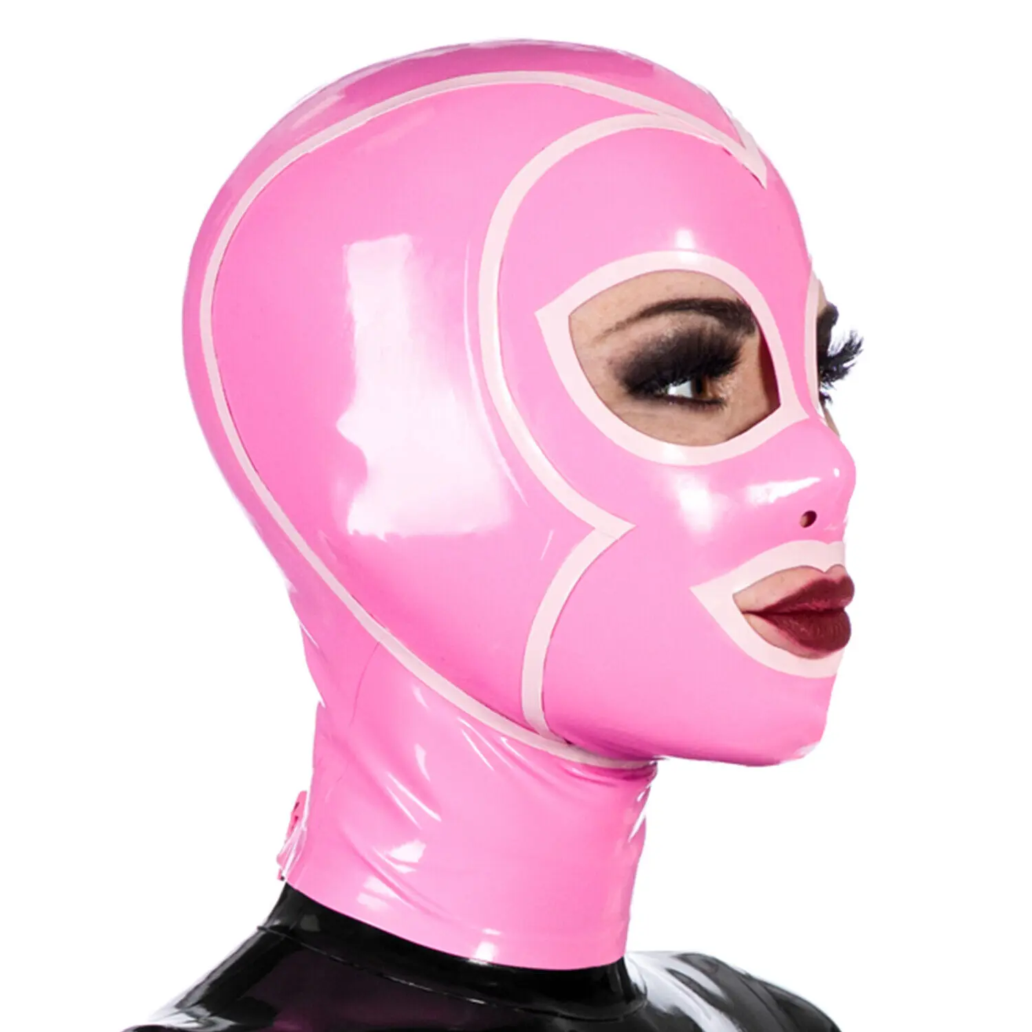 

Pink Latex Mask with White Rims, Open Eyes and Mouth, Rubber Mask