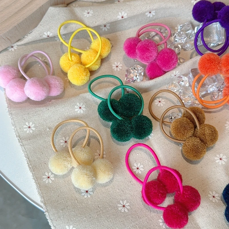 10Pcs/Set Solid Double Plush Ball Elastic Hair Bands For Kids Girls Hair Ropes Ties Ponytail Headwear Hair Accessories Gift