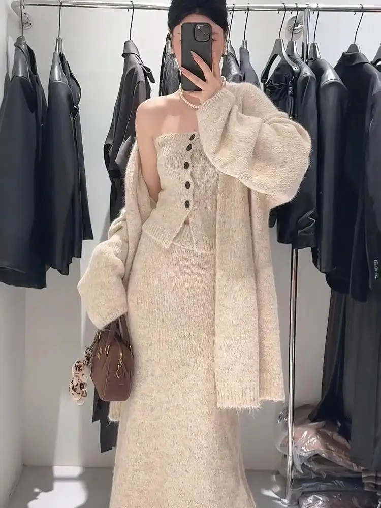 

Autumn Winter French Elegant Knitted Three Piece Set Women V-neck Long Sleeve Sweater Coat + Strapless Tops And High Waist Skirt