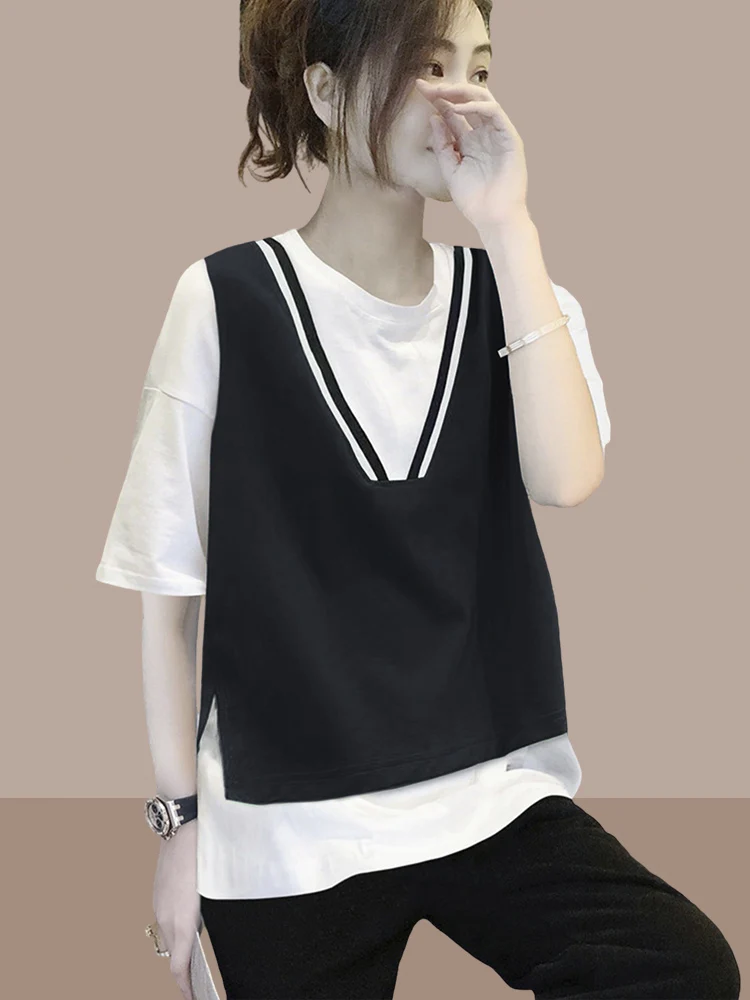 

Summer New Women's Pure Cotton Short Sleeve T-shirt Fake Two-Piece Loose Belly Covering Top plus Size Korean Style round Neck