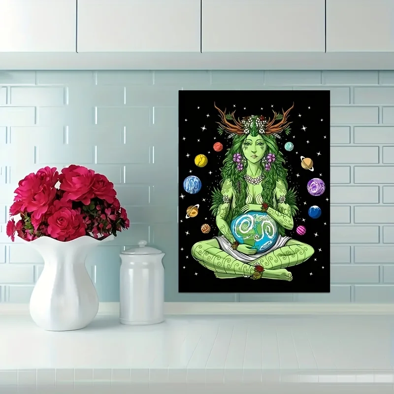 1pc Gaia Greek Goddess Canvas Poster - Enchanting Celestial Wall Art, Earth Mother Spiritual Print with Planets & Stars, Framele