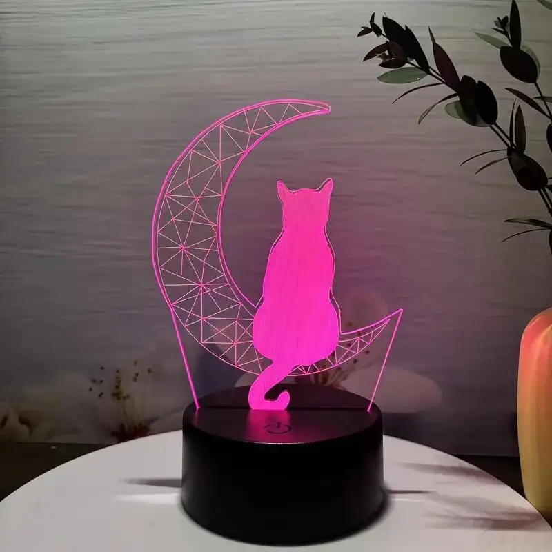 1PC Geometry Cat 3D Night Light, 3D Optical Illusion Lamp With Touch, 7-Color Changing Ambient Light For Bedroom