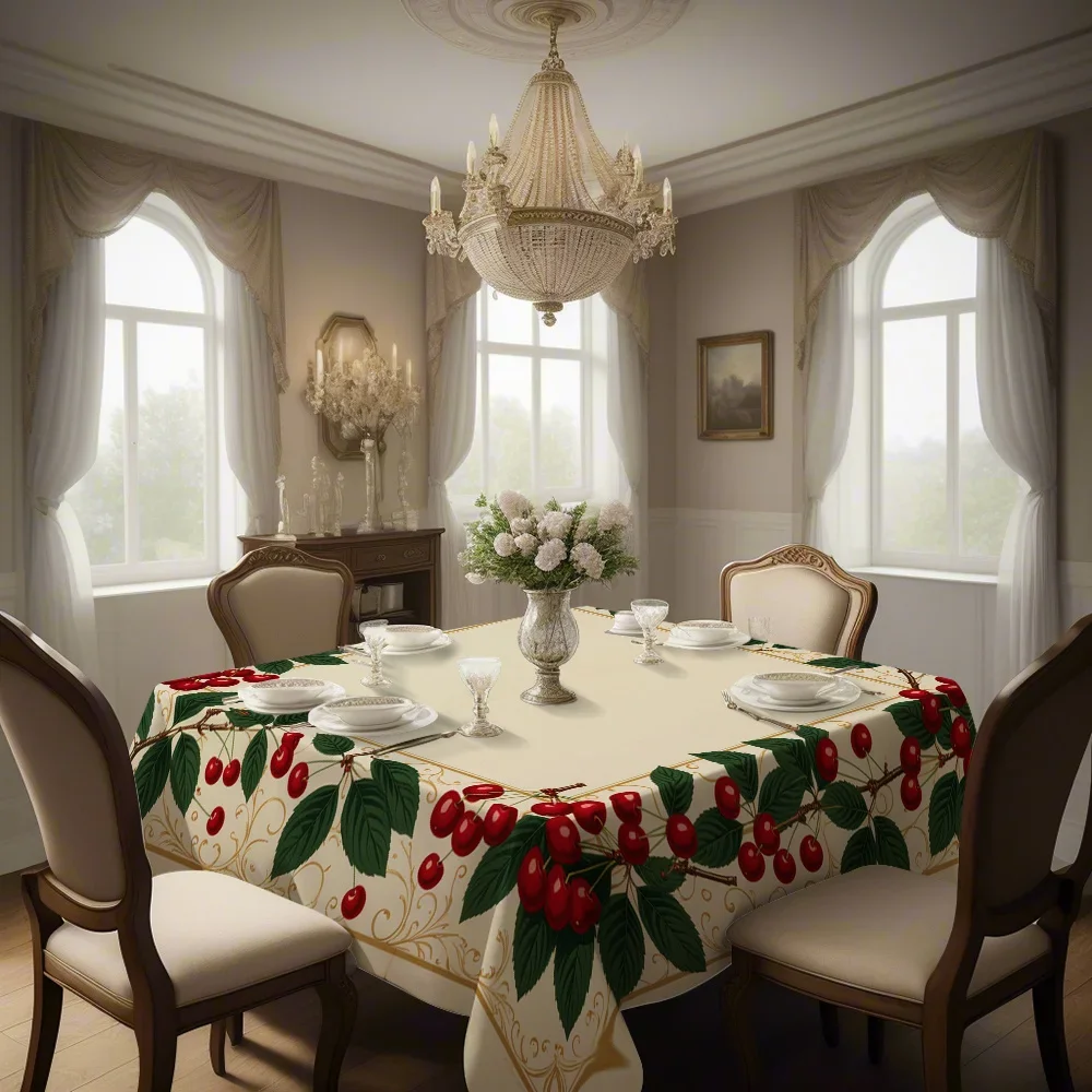 JIT1PC Cherry Green Leaf Pattern Embroidery Square Tablecloth Suitable for Holiday Gatherings and Daily Mealsyzb