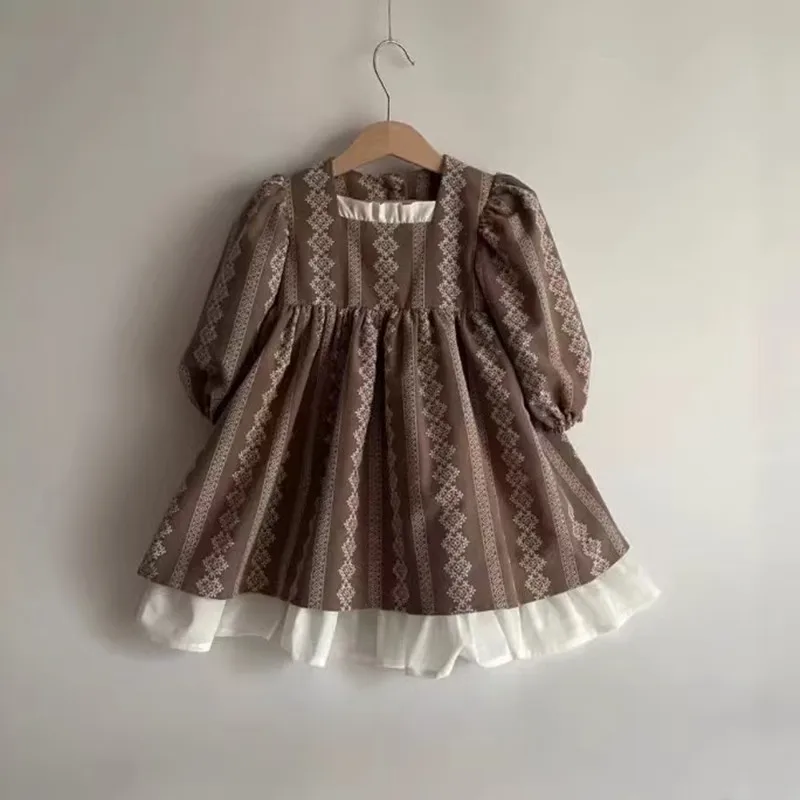 

Spring Girls Cotton Long Sleeve Dress Printed Color Block Vintage Court Forest Style Ins Popular Princess Dress for Kids