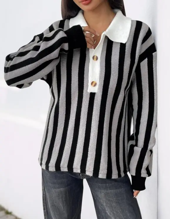 

Loose Women's Sweater, Autumn and Winter Classic Striped Patchwork Lapel, Loose Long Sleeved Knitted Sweater Suitable for Daily