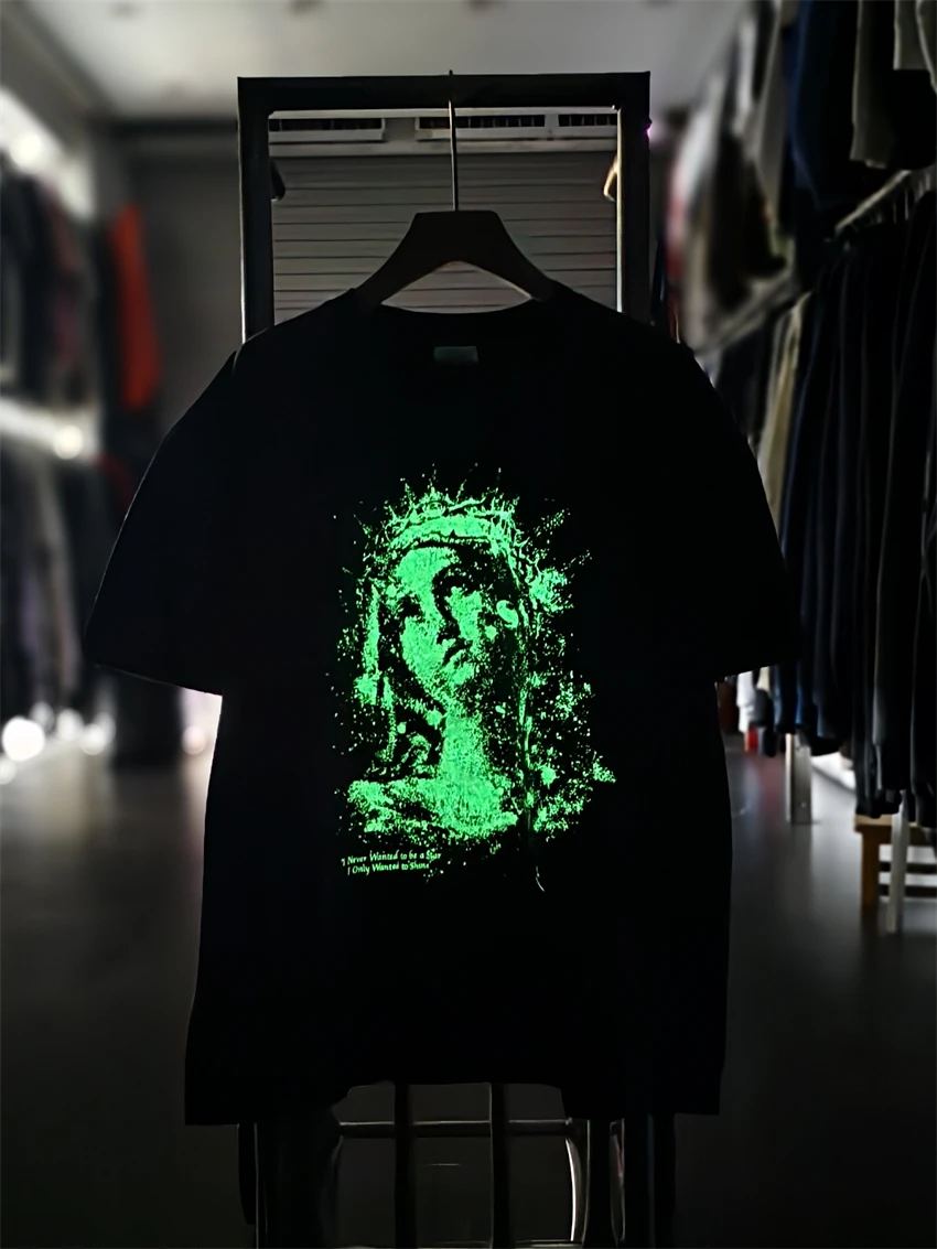 New SAINT Night Light Portrait Pattern Printed Washed Vintage Round Neck Short Sleeve Street Casual Loose Cotton Trendy T-shirt