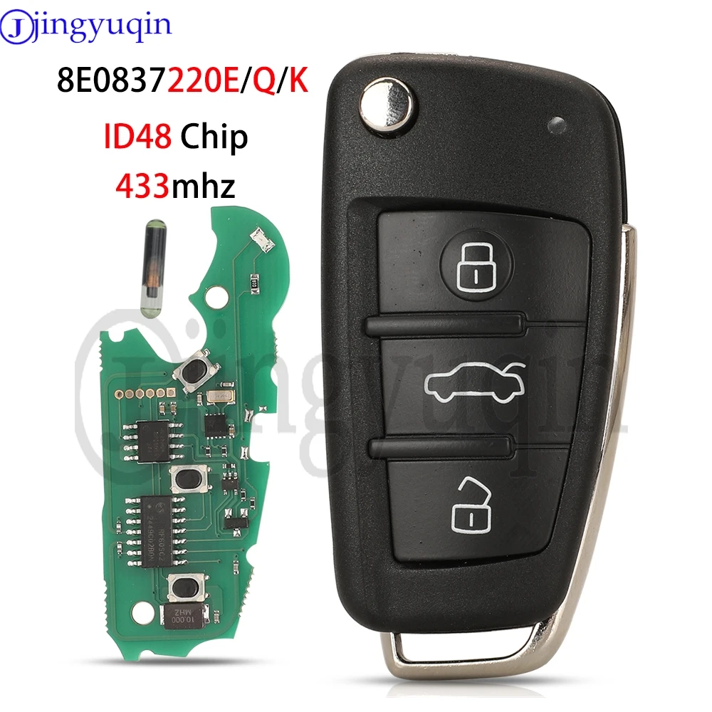Jingyuqin 8E0837220E 3 Buttons For Audi A4 231G 2005 Flip Folding Smart Remote Car Key 433mhz ID48 Chip Fob Replacement