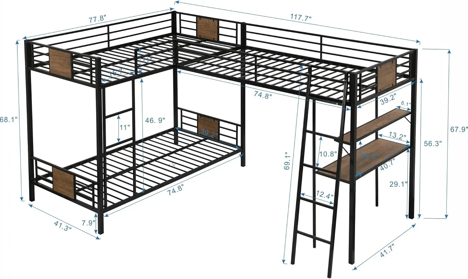 Tempat tidur susun tiga logam dengan meja dan rak, tempat tidur susun berbentuk L untuk 3 anak-anak remaja dewasa, kembar di atas tempat tidur susun kembar dengan ukuran kembar