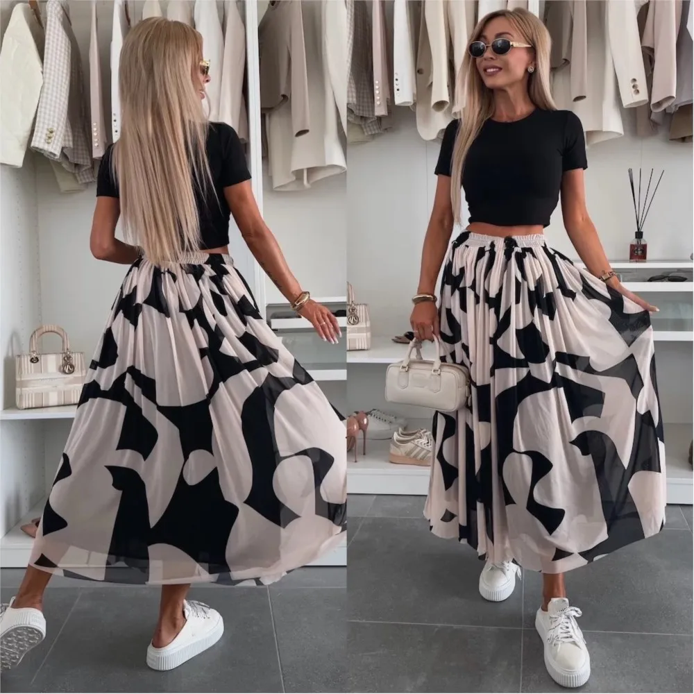 

Летняя модная сетчатая юбка с высокой талией для похудения, большая распашная юбка с принтом, женская юбка для женщин Falda Larga 2025