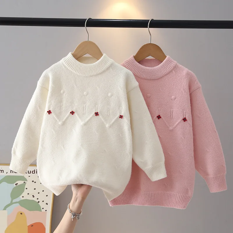 2026 Girls Round Neck Sweater Autumn Winter Kids Flower Wave Jacquard Knit Pullover Toddler Warm Loose Tops for Student JY10182