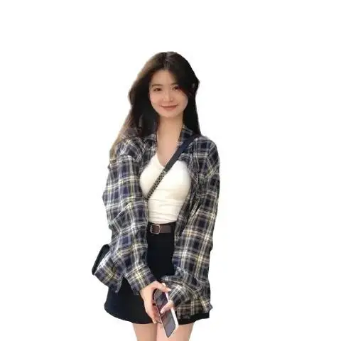 

Men's And Women's Plaid irt Long Sve Commuter Sle PU Material Mid-Length Coat Sle Button-Up Design Autumn Faion