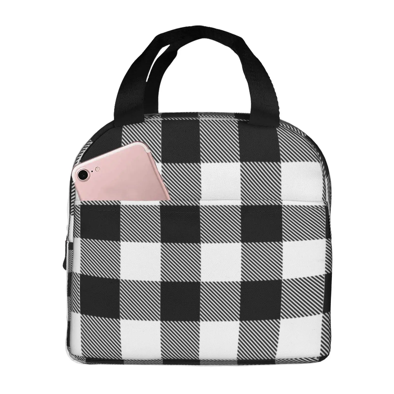 Black and White Grid Print Lunch Box Waterproof Thermal Cooler Food Insulated Lunch Bag Kids for Kids Portable Picnic Tote Bags