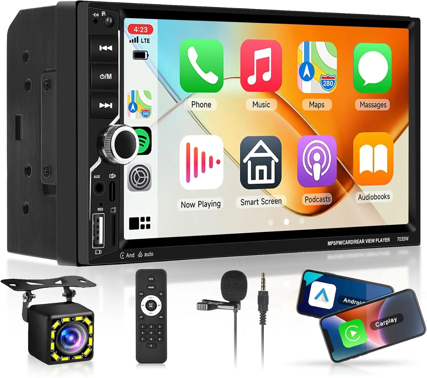 

Wireless CarPlay Double Din Stereo, 7' 1080P Touch Screen, Android Auto, Bluetooth 5.1, GPS, Backup Camera, EQ, MirrorLink, 7-Co