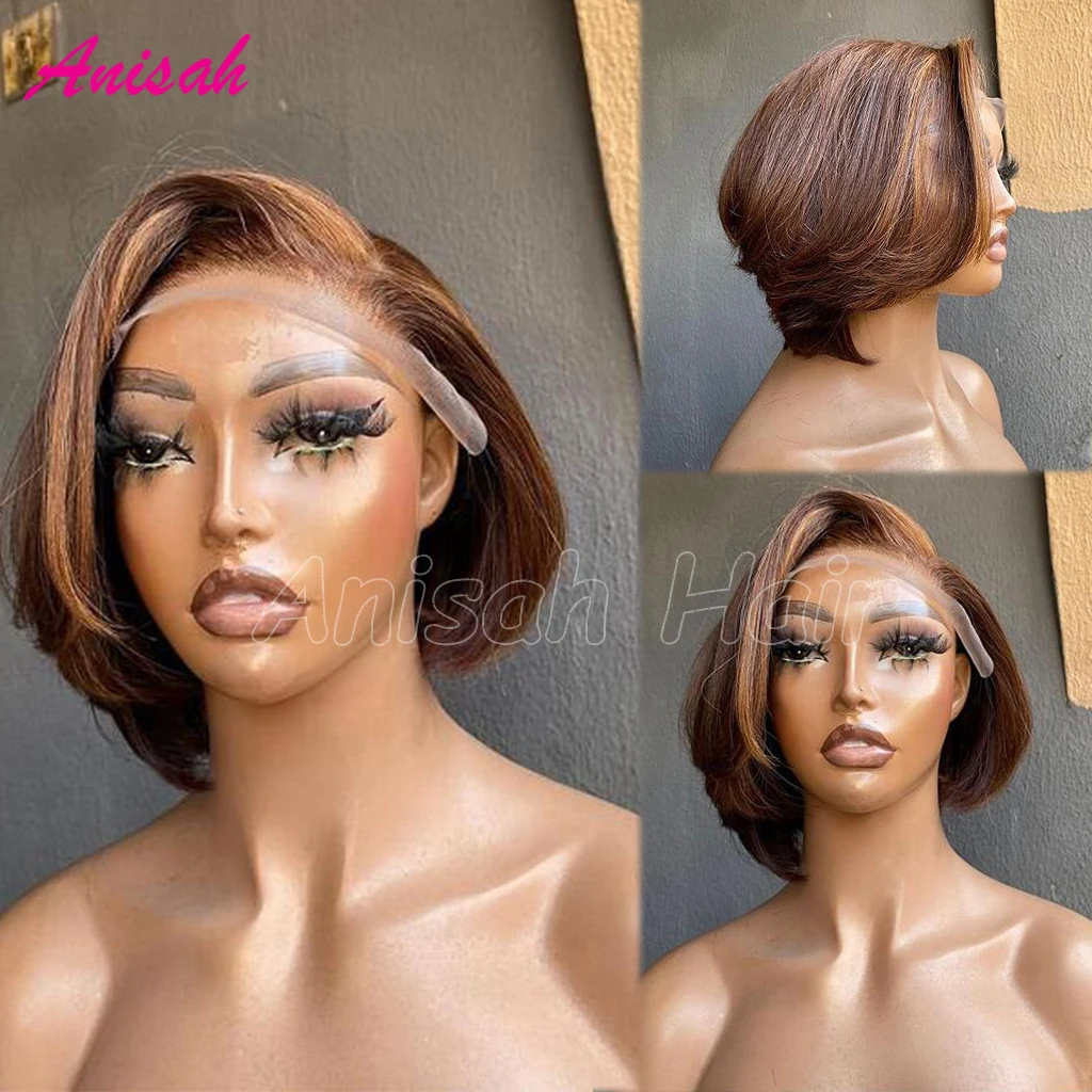 Perucas Glueless Bob para mulheres negras, cabelo humano, destaque curto, frontal transparente do laço