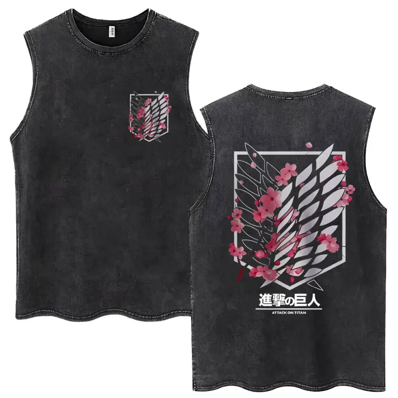 

Japanese Anime Attack on Titan Cherry Blossoms Logo Print Vintage Washed Tank Tops Men Women Manga Oversized Sleeveless T Shirts