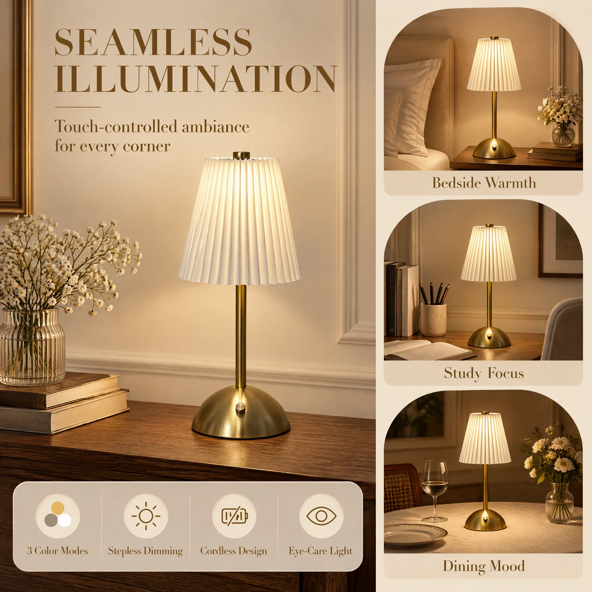 RechargeablePleated Fabric TableLamp,Touch SteplessDimming3Light Modes,Brass BaseCordless Desk Lamp for Bedroom Dining RoomDecor