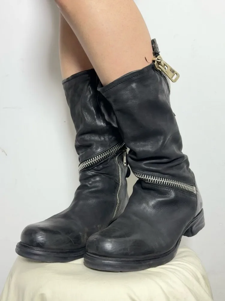 Punk Style Women Genuine Leather Motorcycle Boots Round Toe Zipper Lovers Shoes Gothic Casual Cargo High Top Shoes Size 35-45