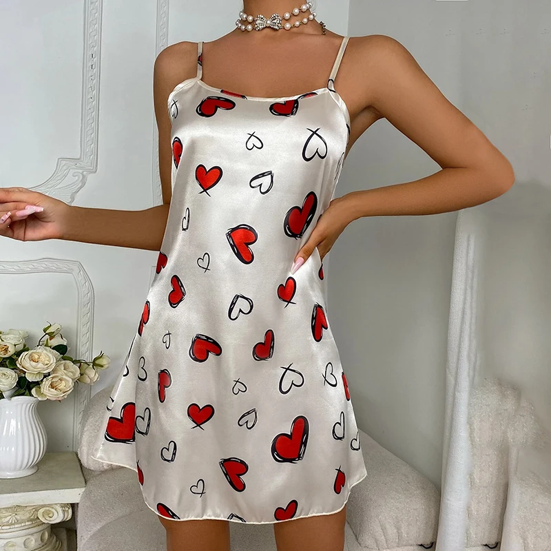 Women\'s Floral Print Nightgown Sleepwear Casual Sexy Loungewear Satin Slip Nightdress Backless Sleep Dress Sleepshirt Pajamas